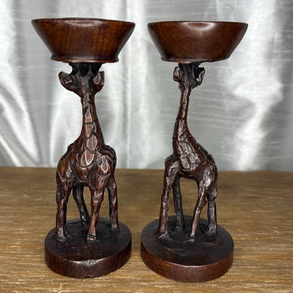 Vintage Art Deco Wooden Giraffe 6” Candle Holder Hand Carved Dark Wood Set of 2 - Picture 3 of 10